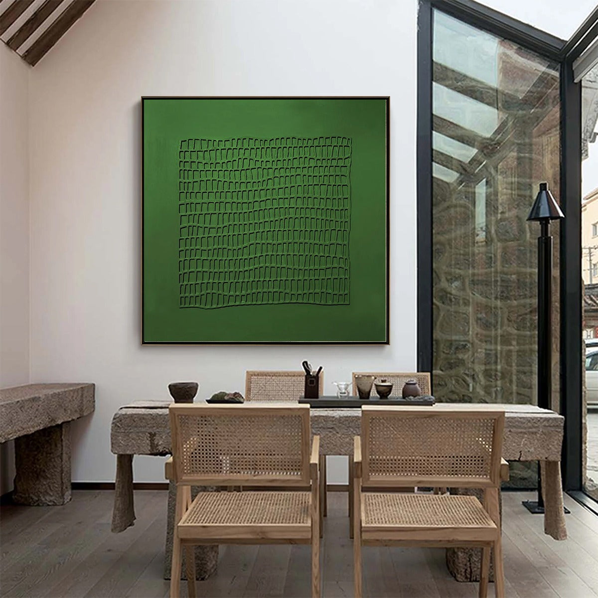 EMERALD GRID: Minimalist Textured Abstract Oil Painting