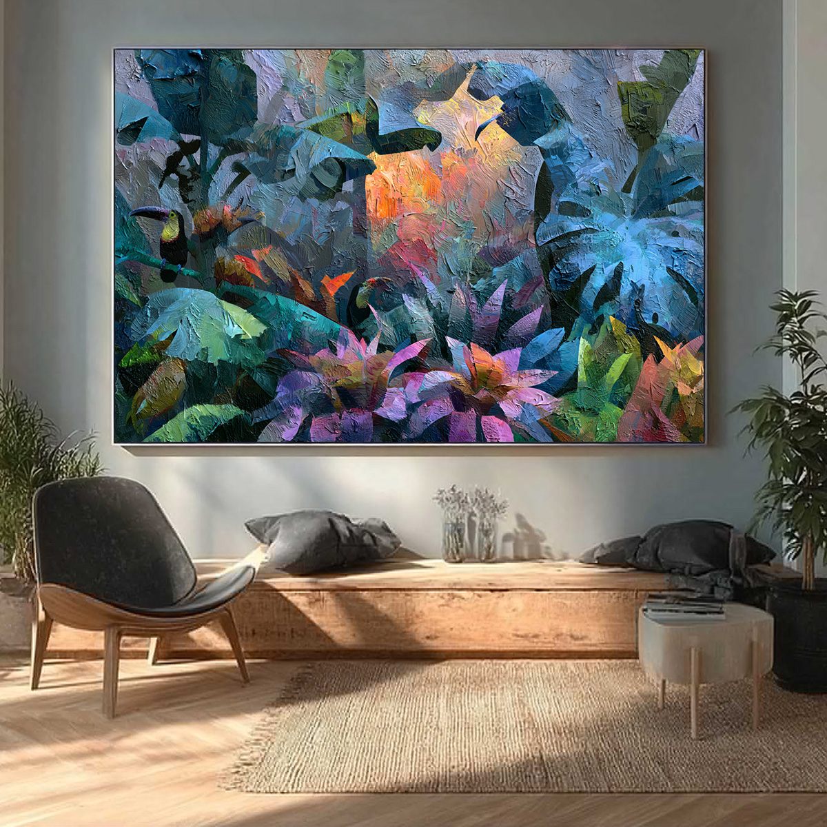 EMERALD HIDEAWAY: Vibrant Impasto Jungle Scene with Toucans