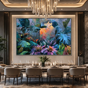 Vibrant impasto jungle wall art with toucan and tropical leaves