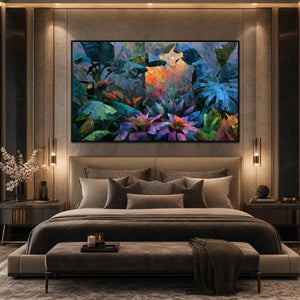 Vibrant impasto jungle wall art with toucans and lush tropical leaves
