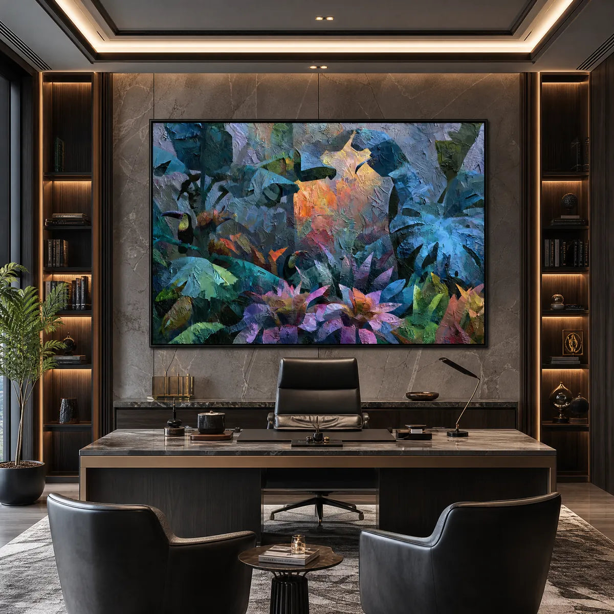 EMERALD HIDEAWAY: Vibrant Impasto Jungle Scene with Toucans