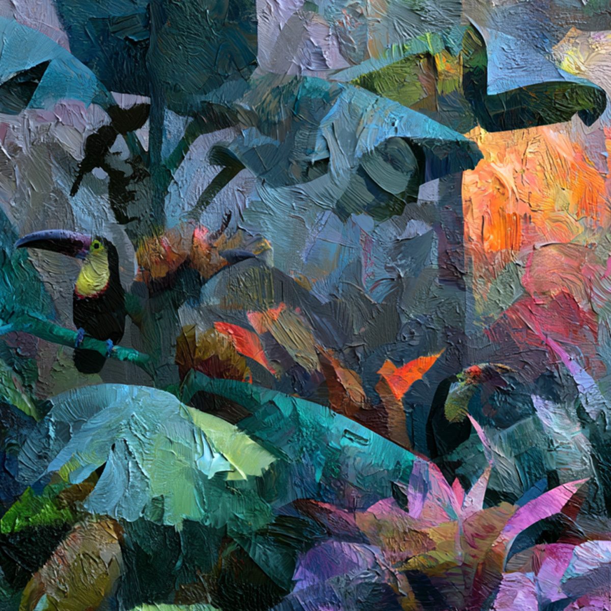 EMERALD HIDEAWAY: Vibrant Impasto Jungle Scene with Toucans