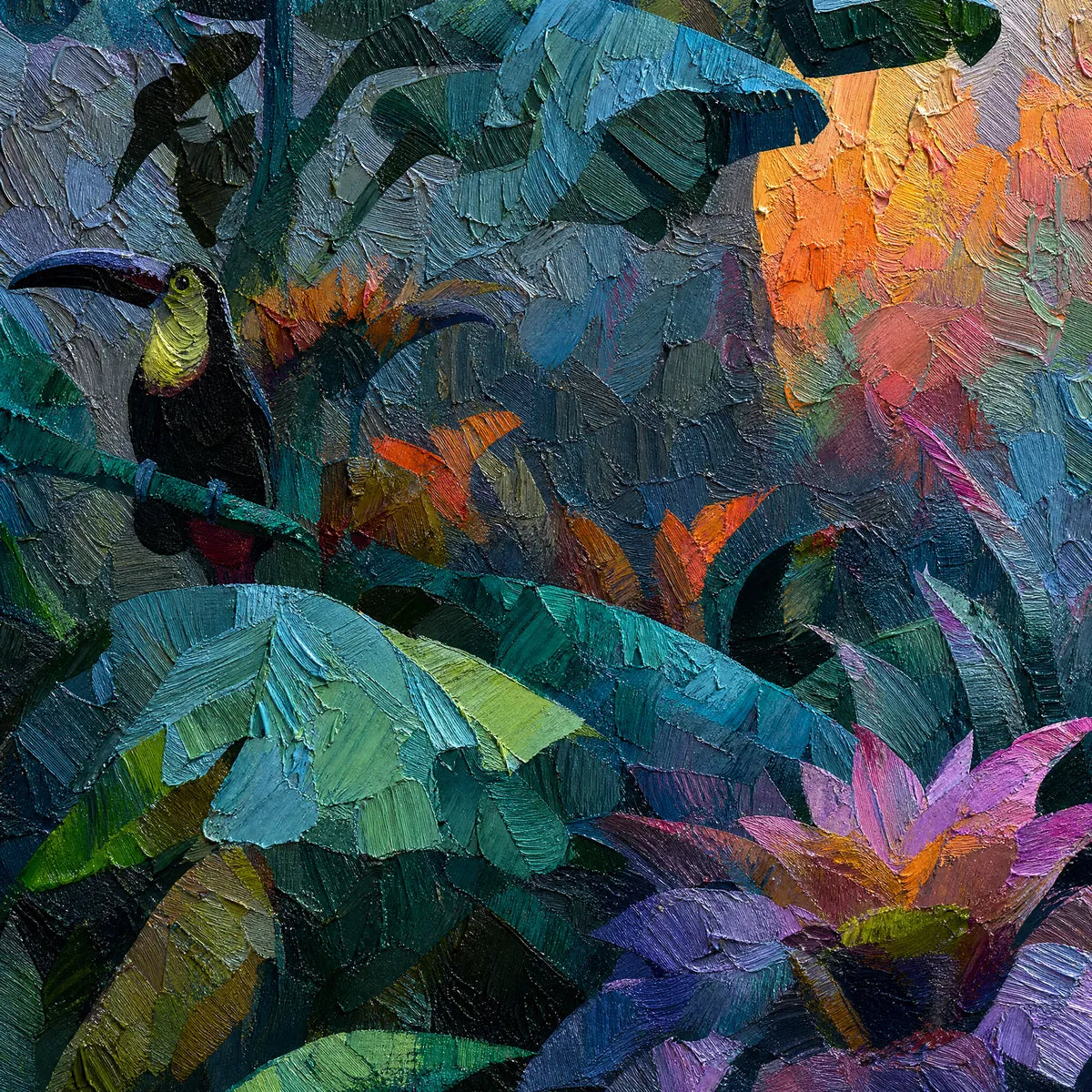 Impasto jungle wall art with toucan, lush green leaves and vivid tropical flowers