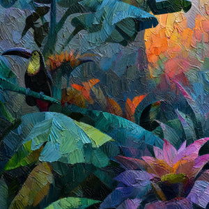 Impasto jungle wall art with toucan, lush green leaves and vivid tropical flowers