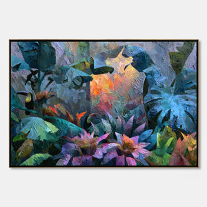 Vibrant impasto jungle wall art with toucans, emerald leaves and warm light
