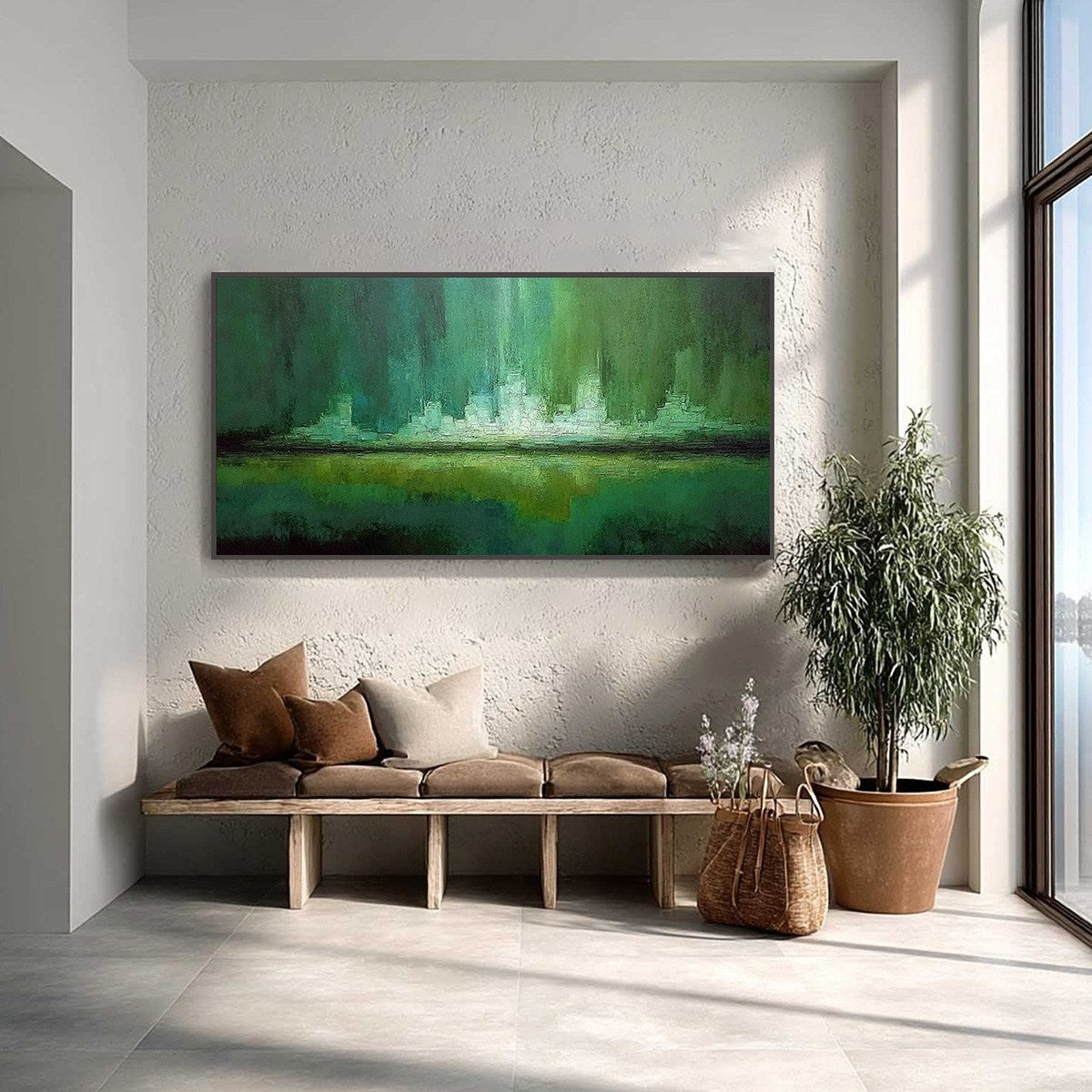 EMERALD HORIZON: Abstract Green Textured Cityscape Oil Painting