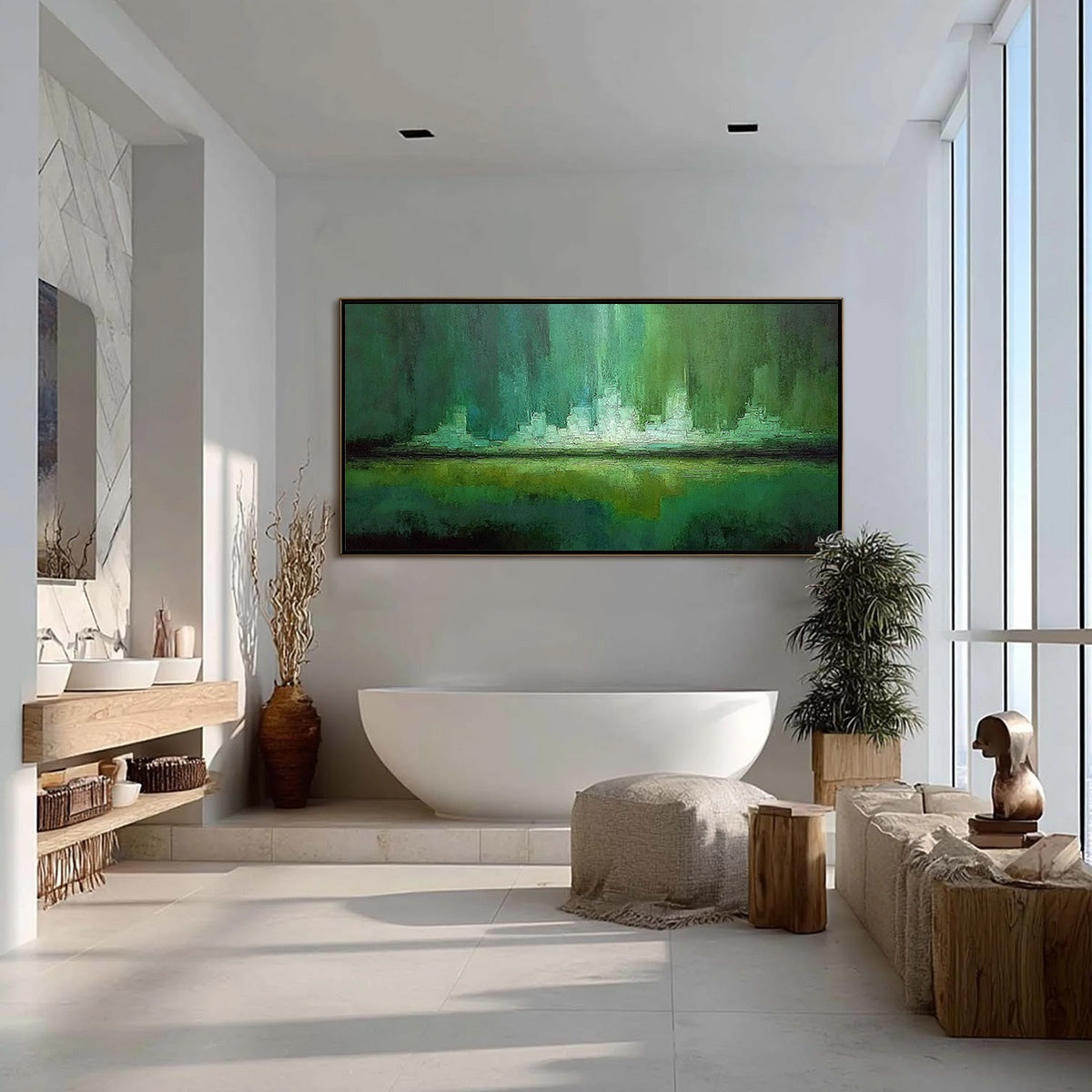 EMERALD HORIZON: Abstract Green Textured Cityscape Oil Painting