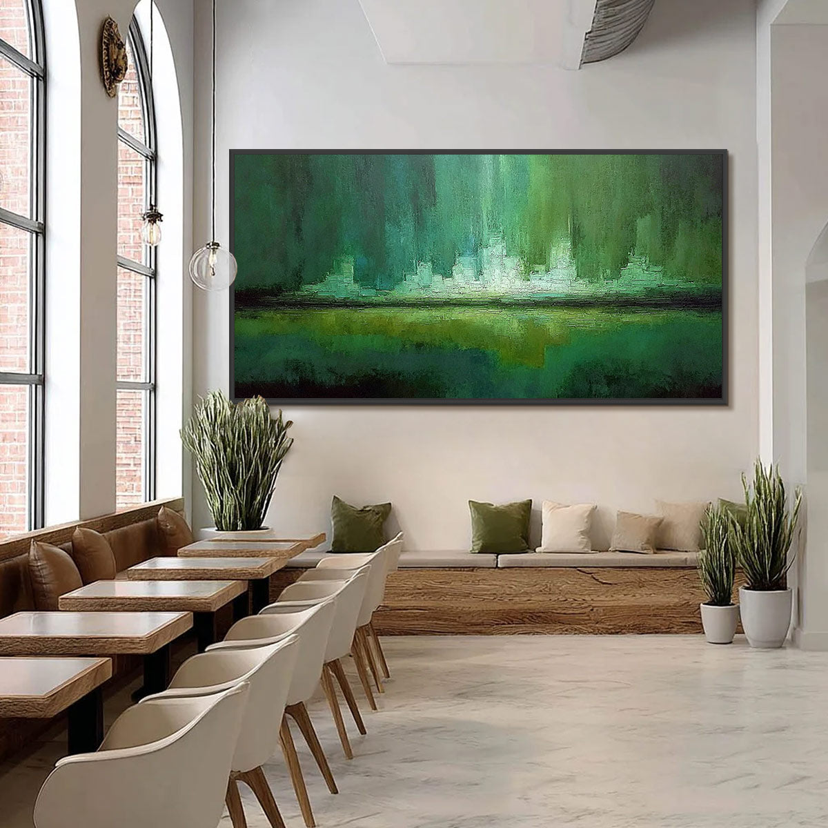 EMERALD HORIZON: Abstract Green Textured Cityscape Oil Painting