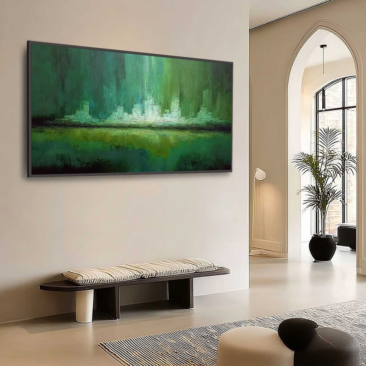 EMERALD HORIZON: Abstract Green Textured Cityscape Oil Painting
