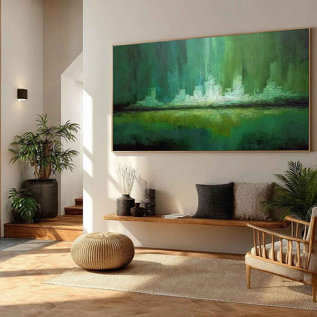 EMERALD HORIZON: Abstract Green Textured Cityscape Oil Painting
