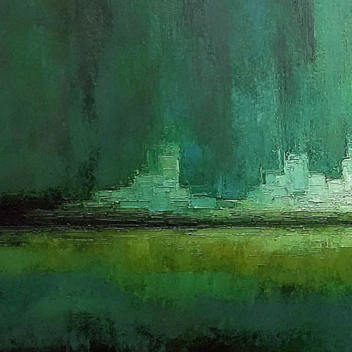 EMERALD HORIZON: Abstract Green Textured Cityscape Oil Painting