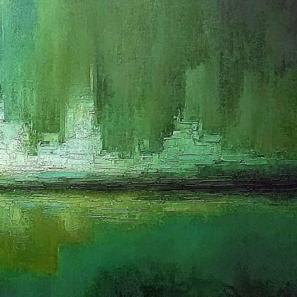 EMERALD HORIZON: Abstract Green Textured Cityscape Oil Painting