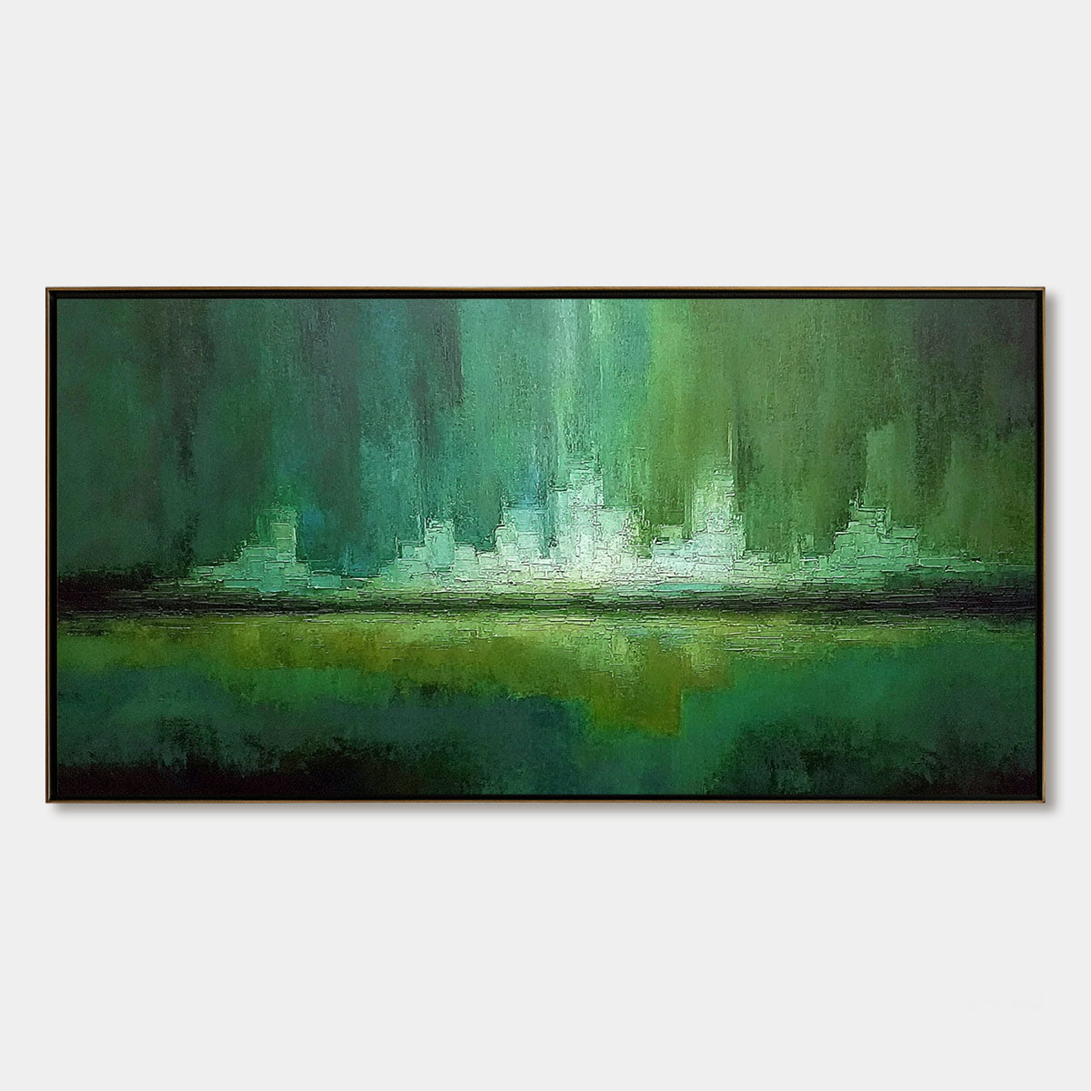 EMERALD HORIZON: Abstract Green Textured Cityscape Oil Painting