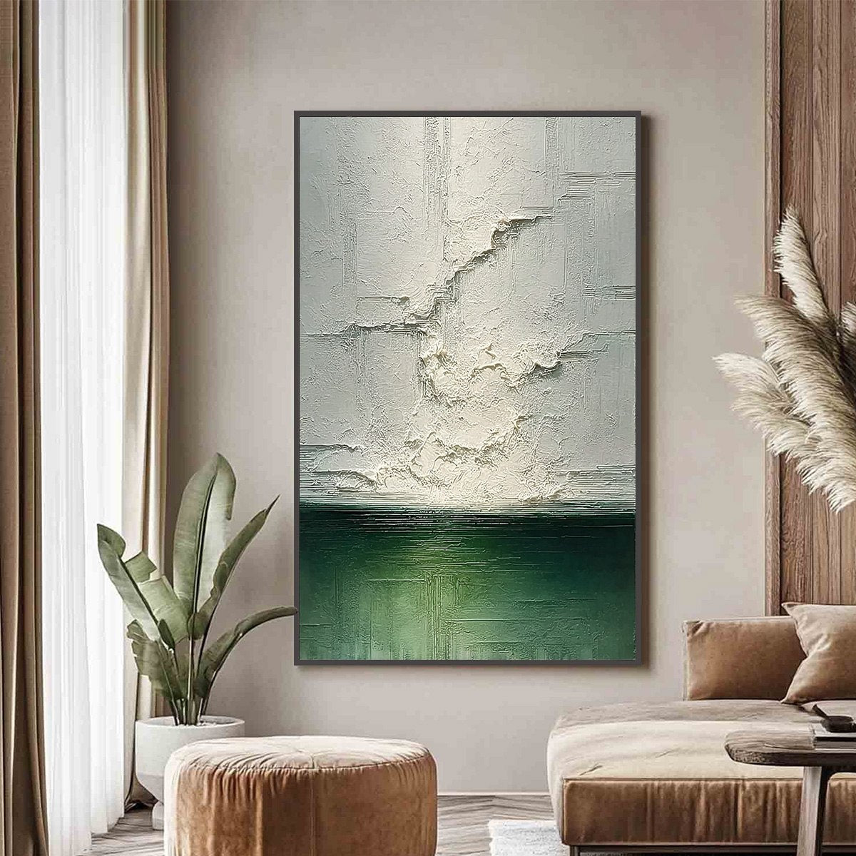 Emerald Horizon: Textured Abstract Green & White Oil Painting