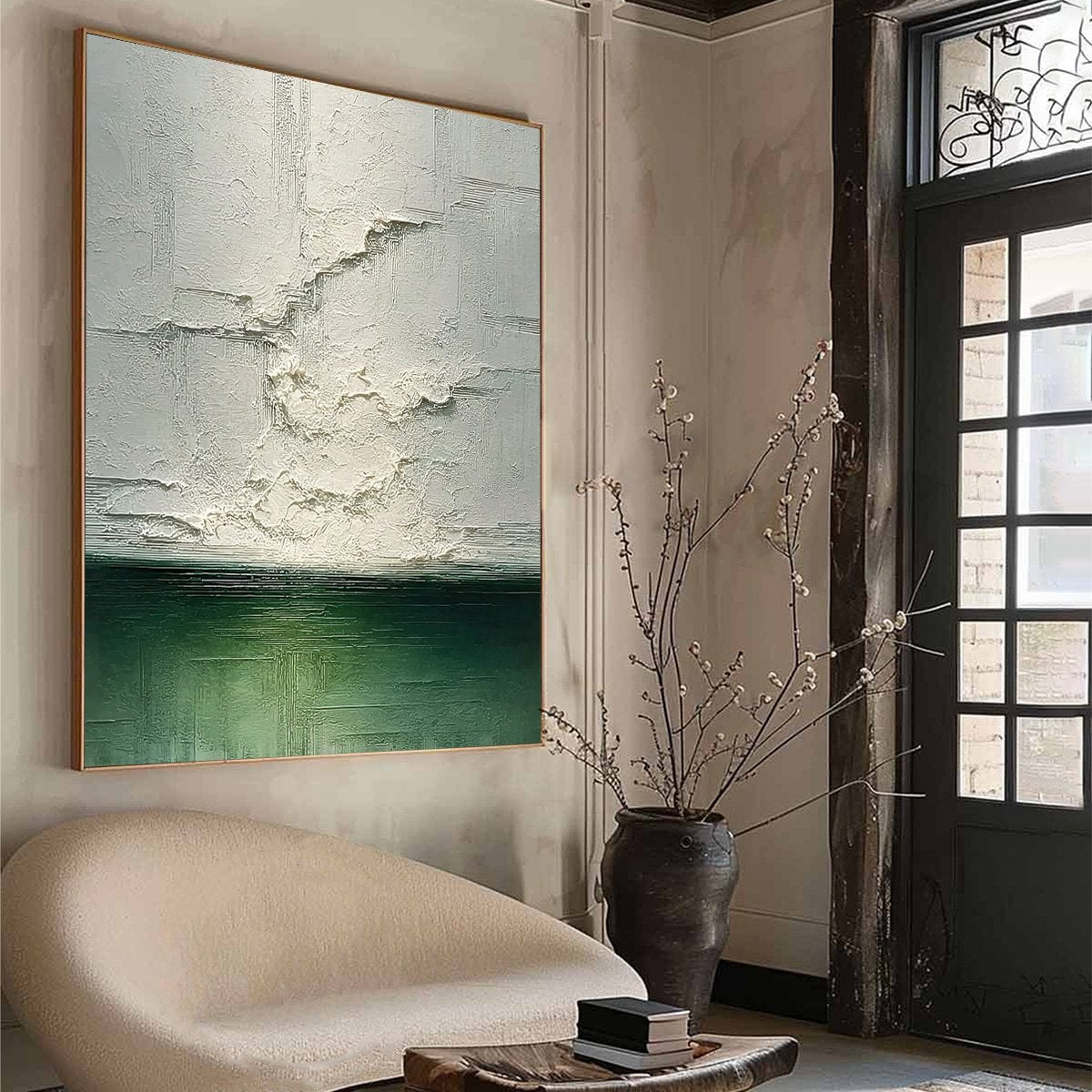 Emerald Horizon: Textured Abstract Green & White Oil Painting
