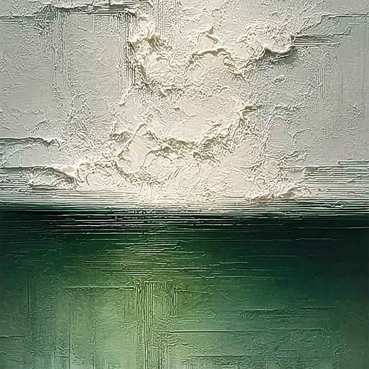 Emerald Horizon: Textured Abstract Green & White Oil Painting