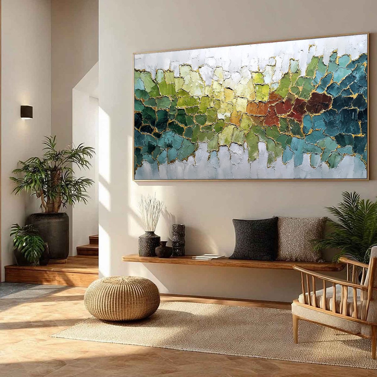 EMERALD HORIZON: Large Textured Abstract Landscape Painting with Gold Accents