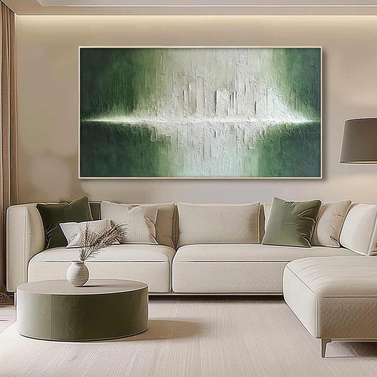 EMERALD HORIZON: Large Textured Green and White Abstract Cityscape Painting