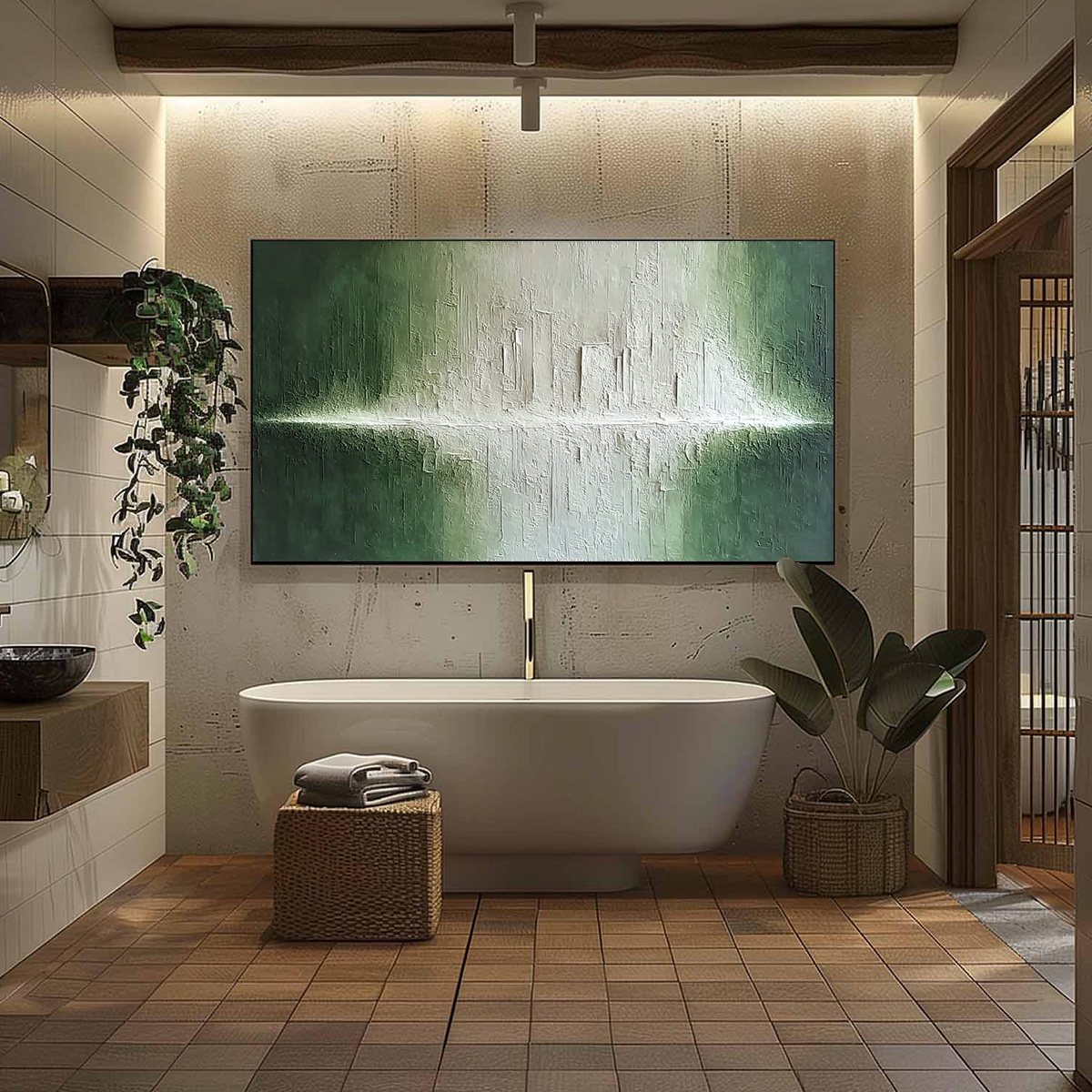 EMERALD HORIZON: Large Textured Green and White Abstract Cityscape Painting