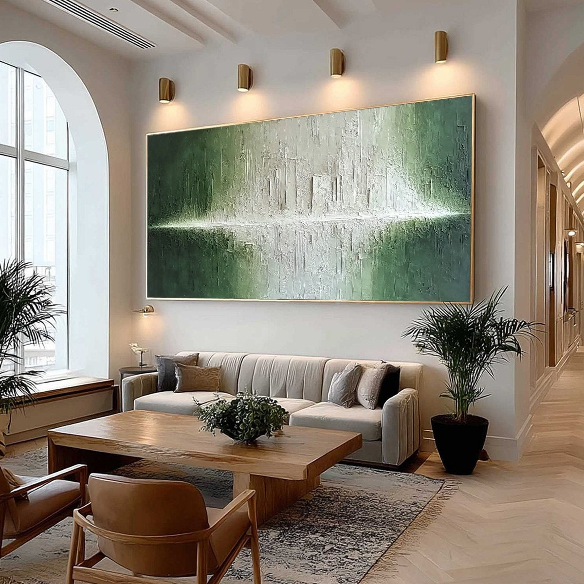EMERALD HORIZON: Large Textured Green and White Abstract Cityscape Painting