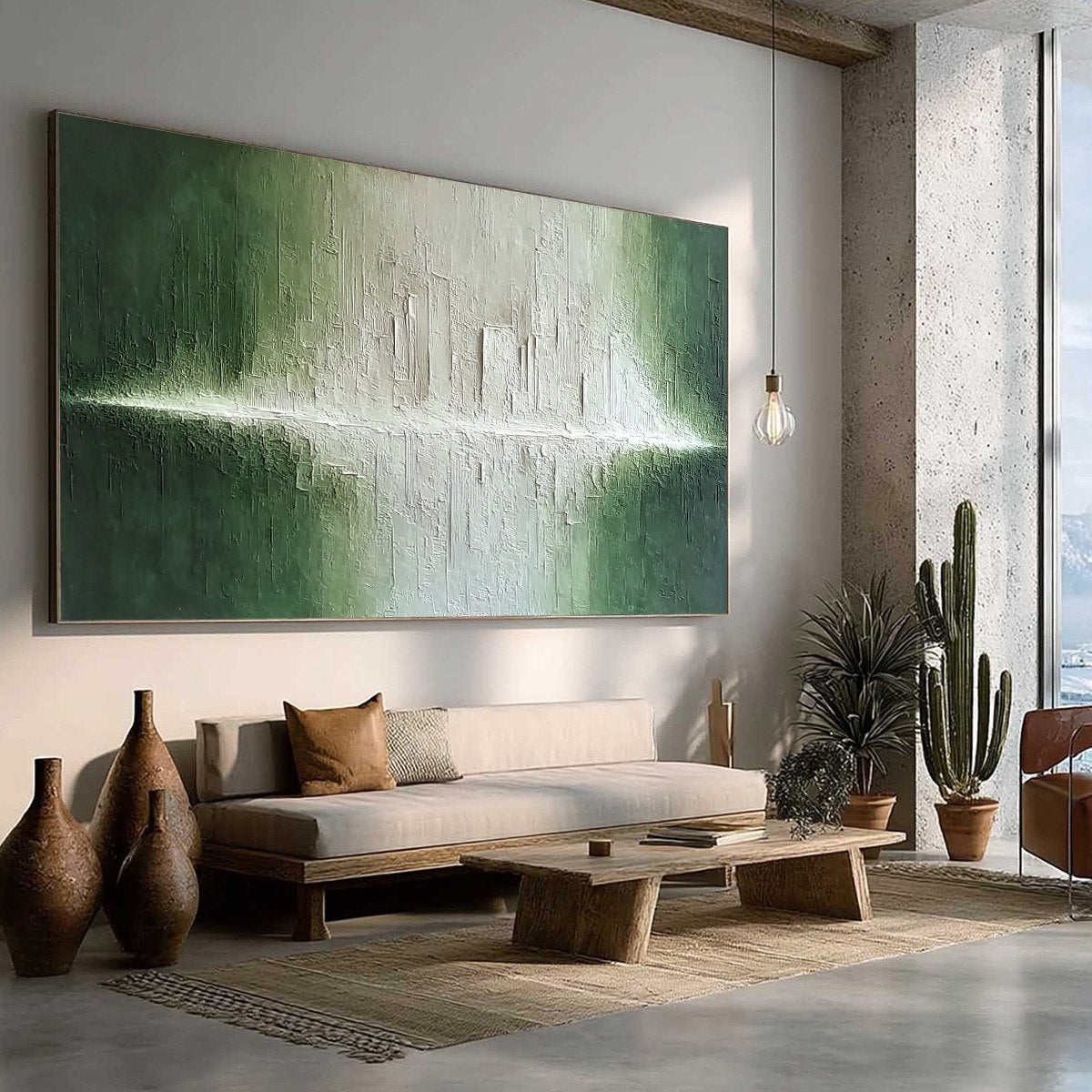EMERALD HORIZON: Large Textured Green and White Abstract Cityscape Painting