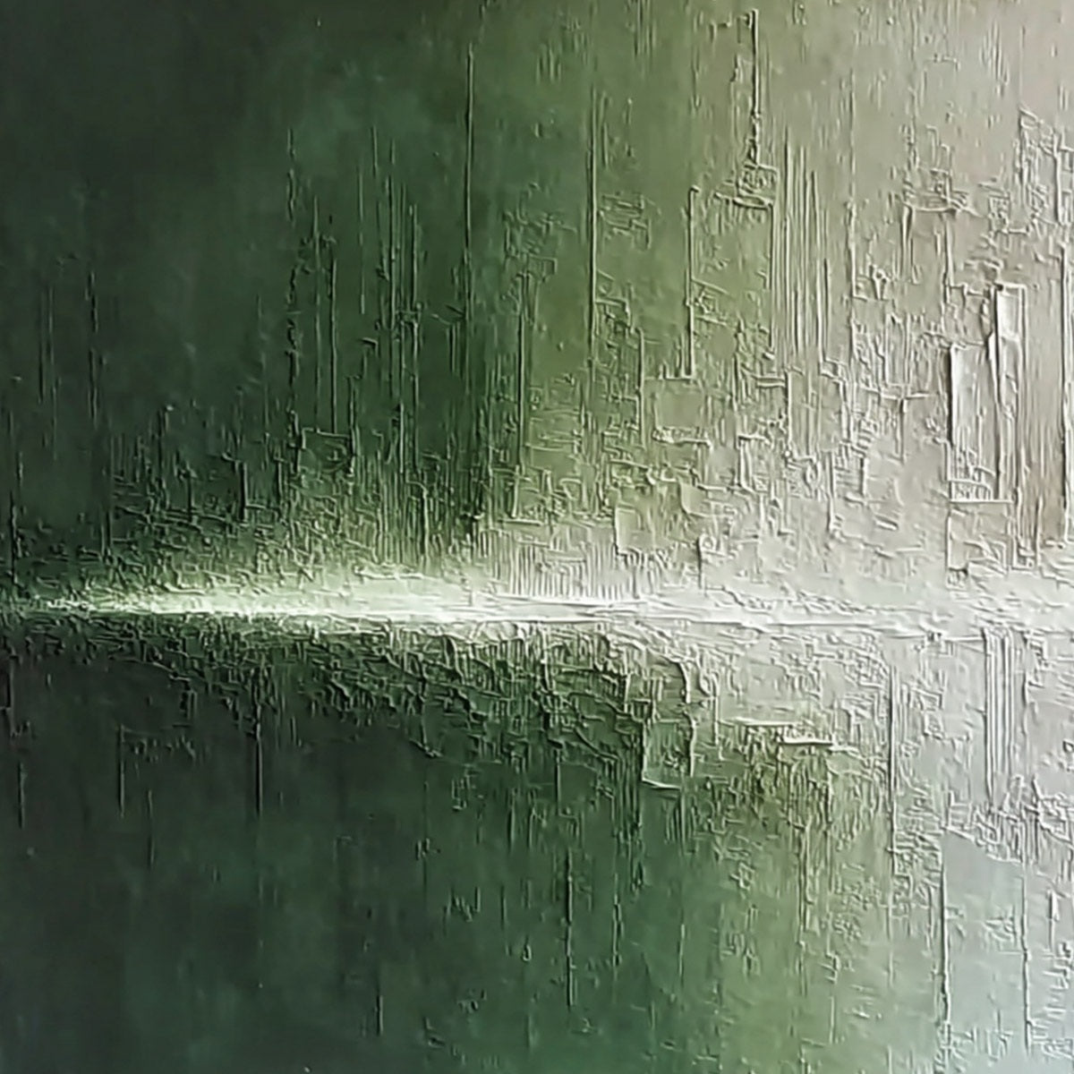 EMERALD HORIZON: Large Textured Green and White Abstract Cityscape Painting