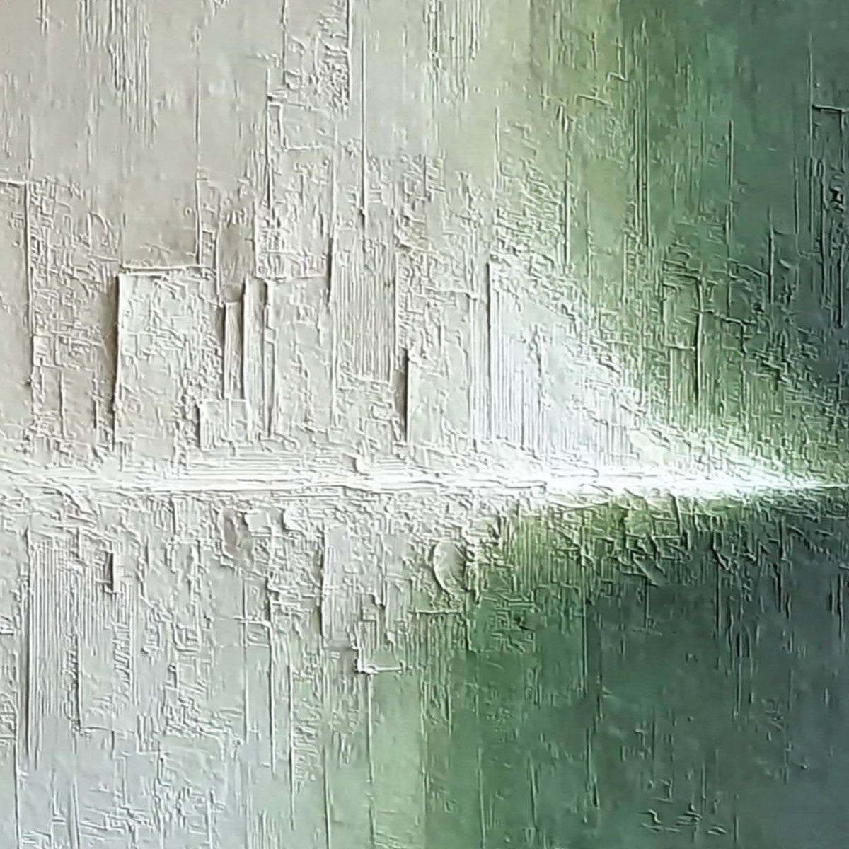EMERALD HORIZON: Large Textured Green and White Abstract Cityscape Painting