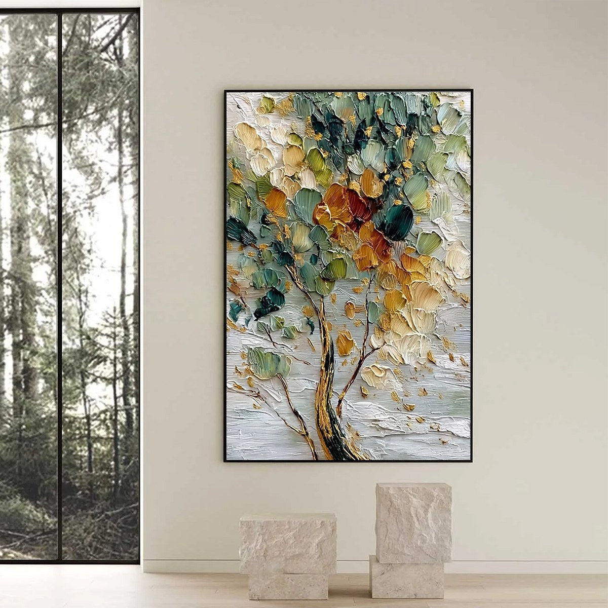 EMERALD JEWEL TREE: Textured Palette Knife Tree Painting with Golden Accents