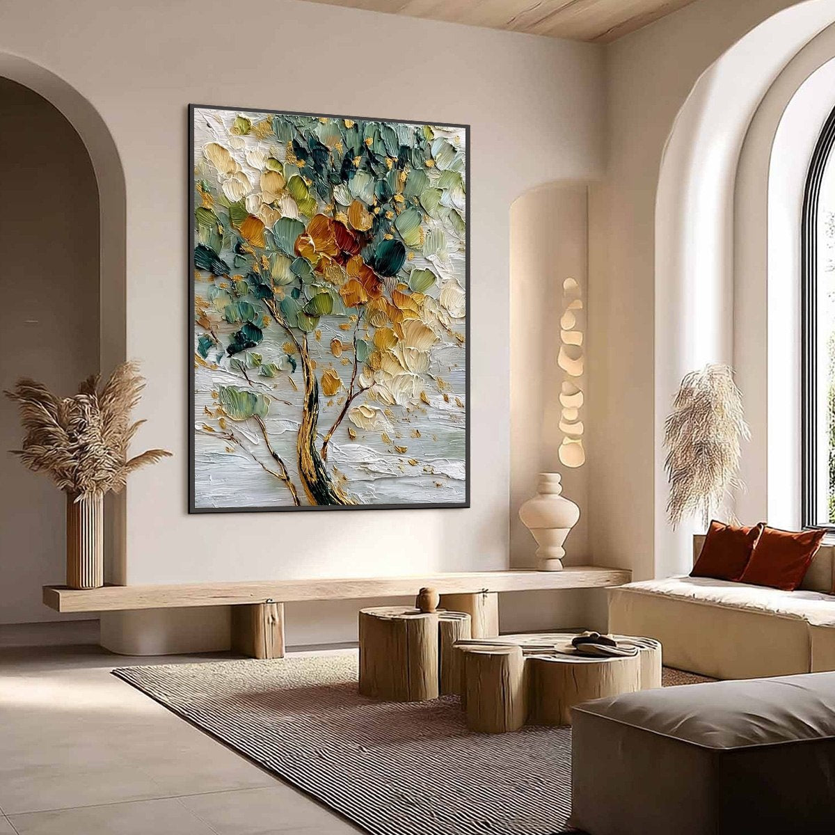 EMERALD JEWEL TREE: Textured Palette Knife Tree Painting with Golden Accents