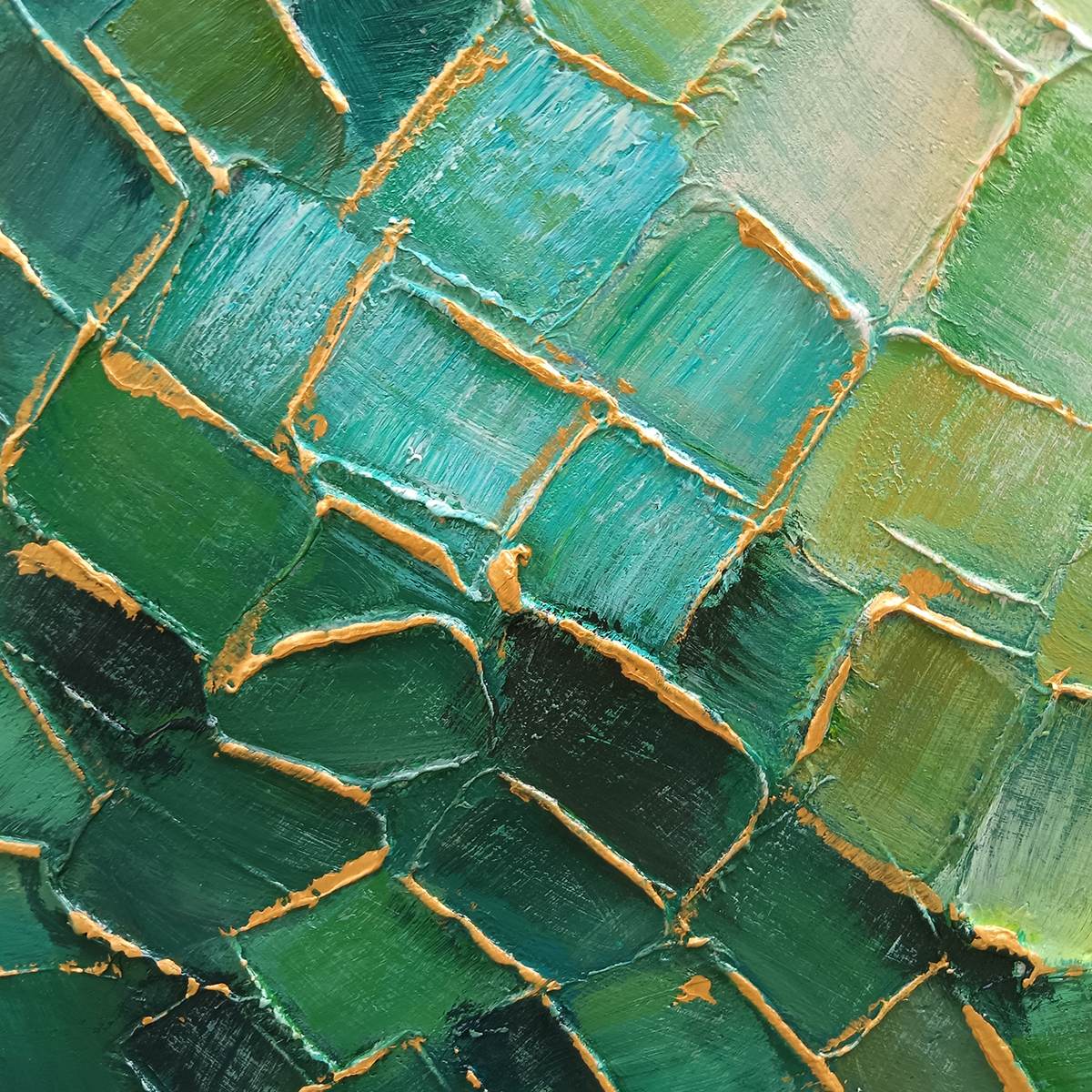 Ready to Ship ｜EMERALD MOSAIC: Textured Abstract Green and Gold Oil Painting