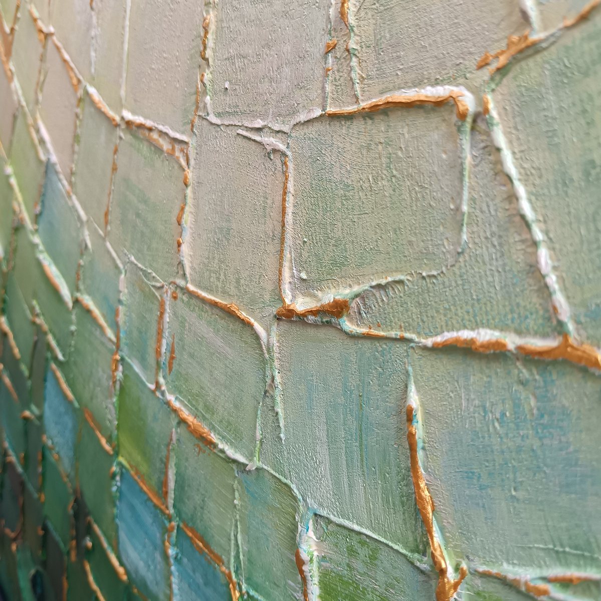 Ready to Ship ｜EMERALD MOSAIC: Textured Abstract Green and Gold Oil Painting