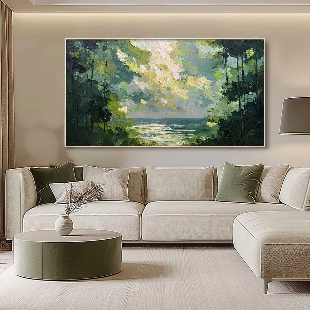 EMERALD OVERLOOK: Textured Palette Knife Seascape Forest Painting