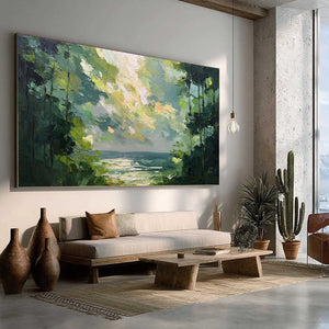 EMERALD OVERLOOK: Textured Palette Knife Seascape Forest Painting