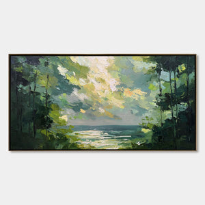 EMERALD OVERLOOK: Textured Palette Knife Seascape Forest Painting