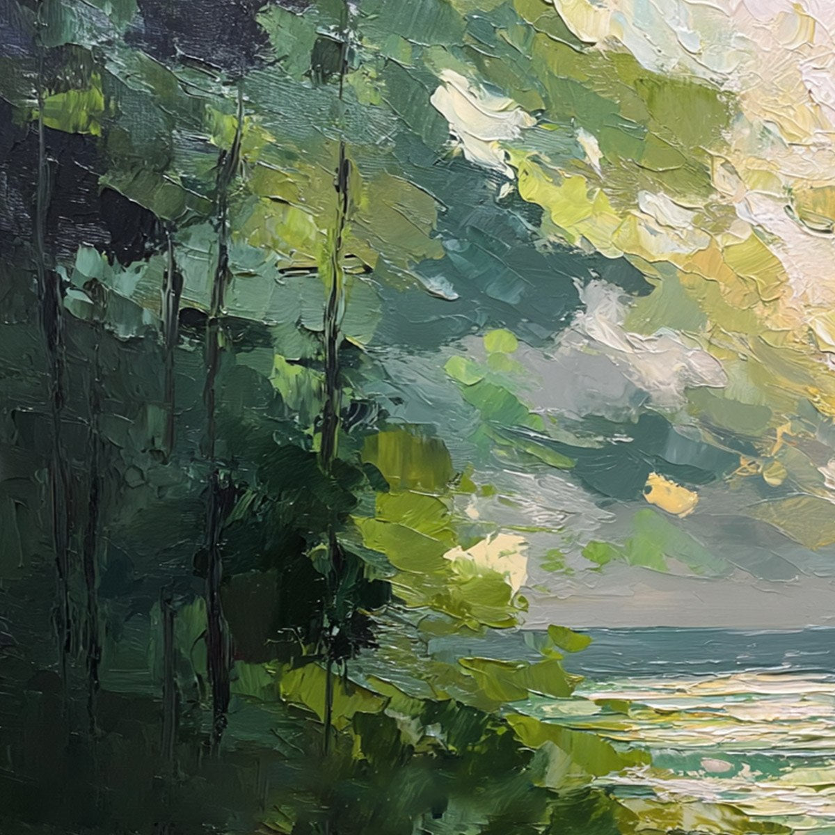 EMERALD OVERLOOK: Textured Palette Knife Seascape Forest Painting