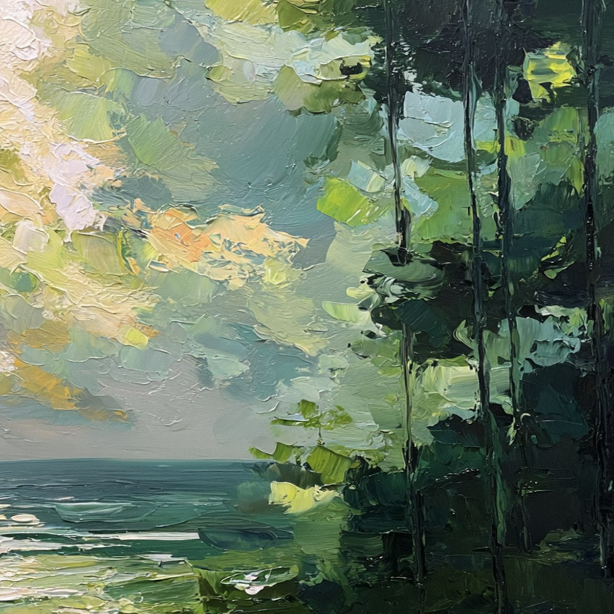 EMERALD OVERLOOK: Textured Palette Knife Seascape Forest Painting