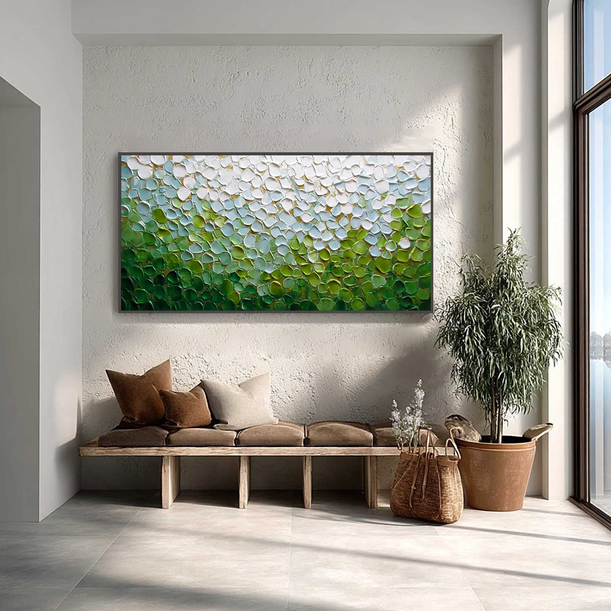 EMERALD PETALS: Textured Abstract Green & White Impasto Landscape Painting