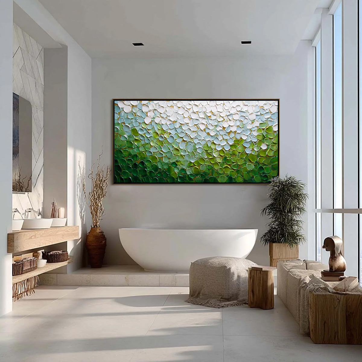 Emerald Petals original impasto wall art: green, white, gold landscape
