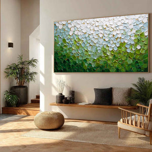 Original handmade impasto abstract painting: Emerald Petals, green, white, gold landscape art.