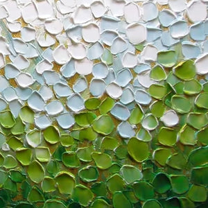 Textured impasto abstract landscape painting 'Emerald Petals' in green, white, gold