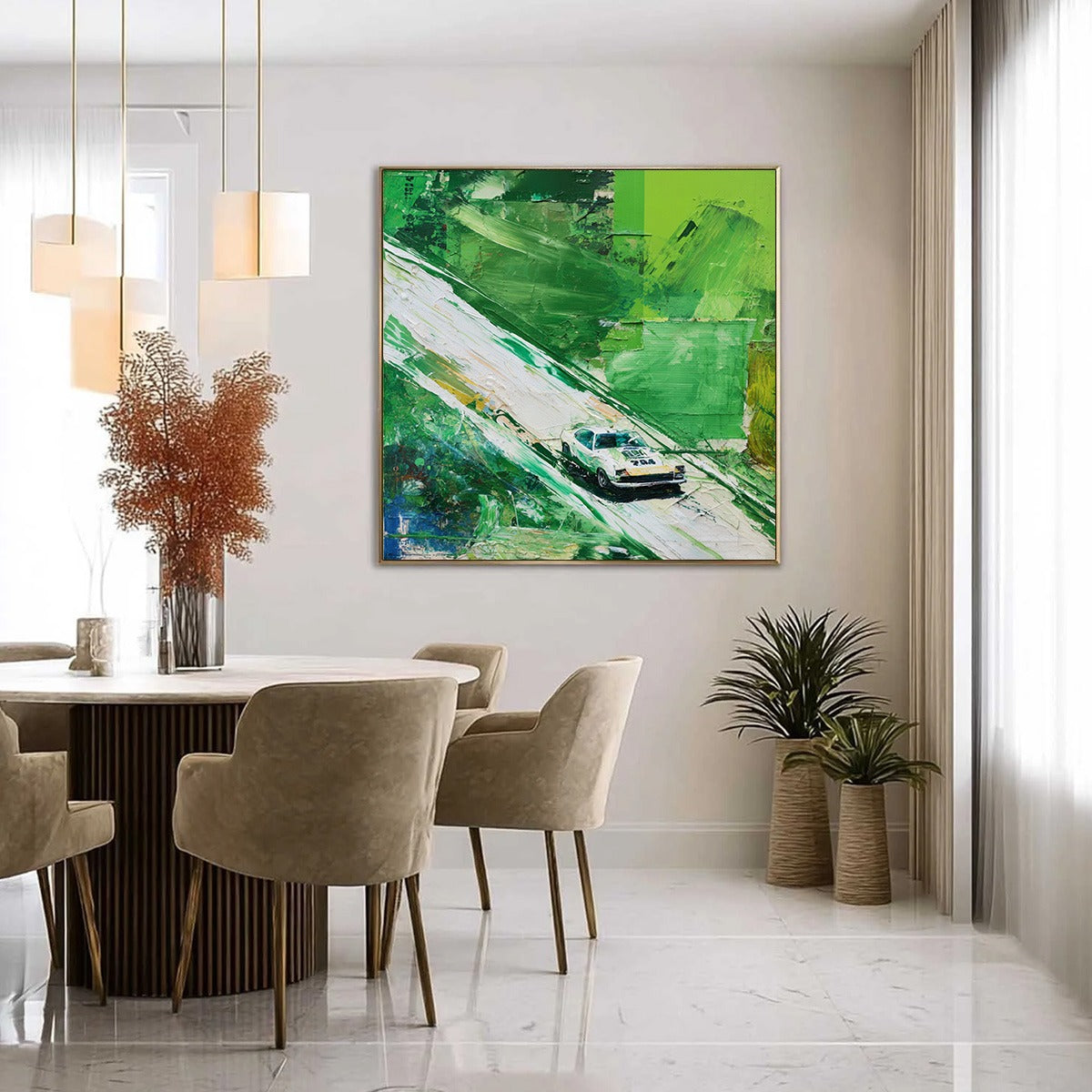 EMERALD RUSH: Textured Sports Car Racing Impasto Oil Painting