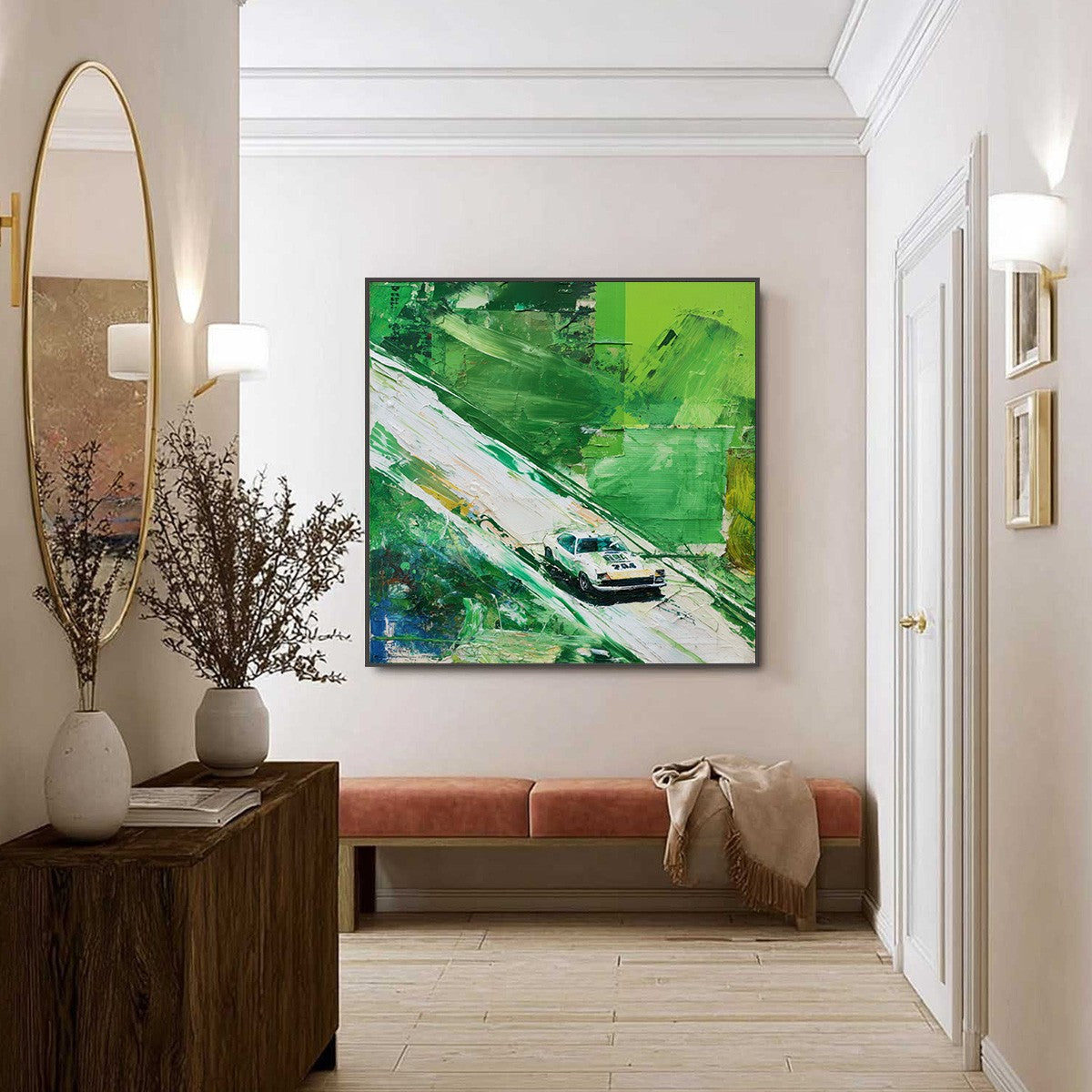 EMERALD RUSH: Textured Sports Car Racing Impasto Oil Painting