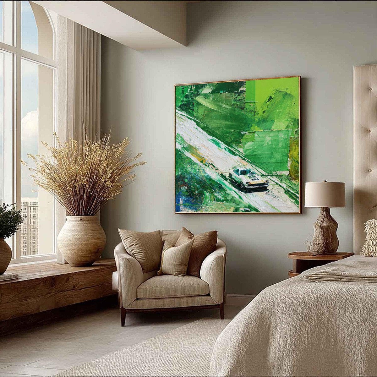 EMERALD RUSH: Textured Sports Car Racing Impasto Oil Painting