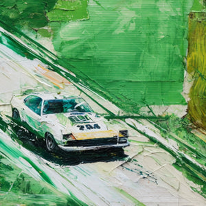 EMERALD RUSH: Textured Sports Car Racing Impasto Oil Painting