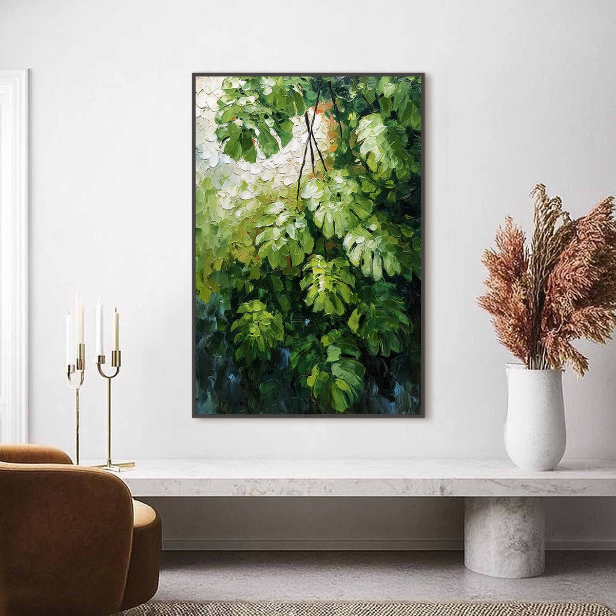 EMERALD SANCTUARY: Textured Green Monstera Leaf Impasto Oil Painting