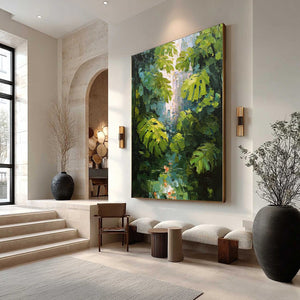 EMERALD SANCTUARY: Textured Impasto Forest & Plants Oil Painting