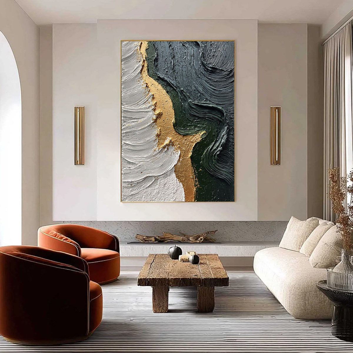 Emerald Shore Abstract Textured Painting | Green & Gold Wall Art