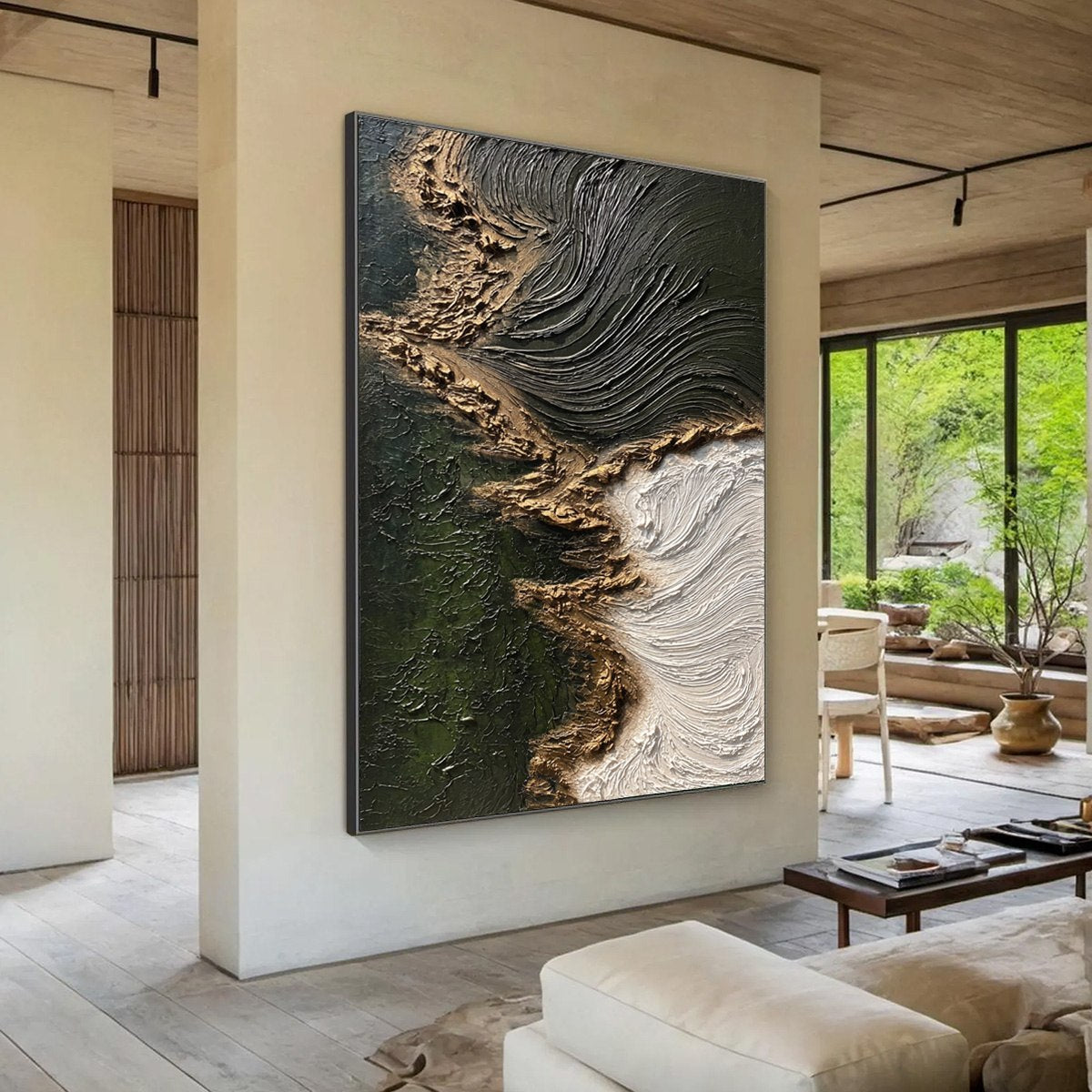 Emerald Shore: Textured Wabi Sabi Abstract Oil Painting