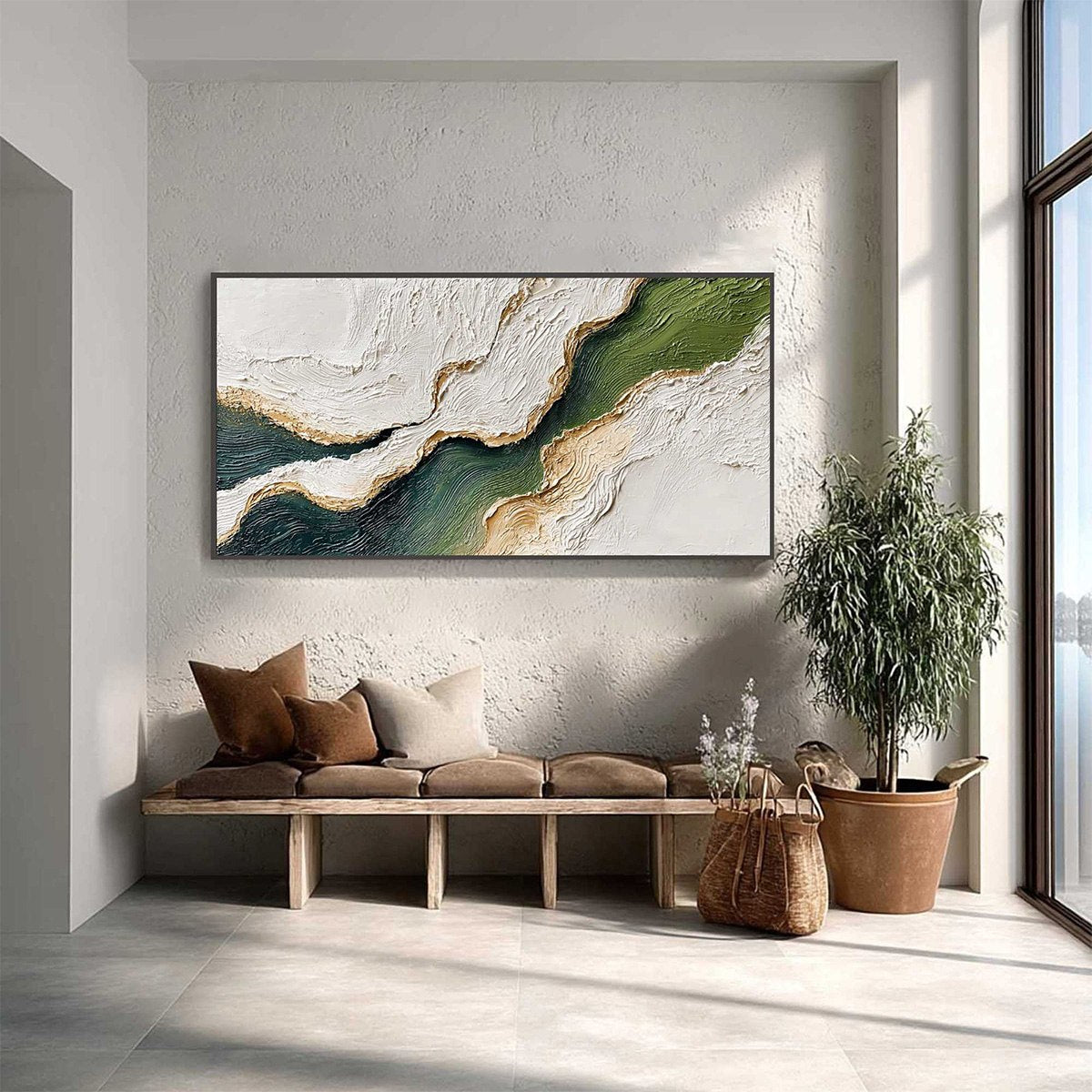 EMERALD SHORELINE: Textured Wabi Sabi Abstract Coastal Landscape Painting
