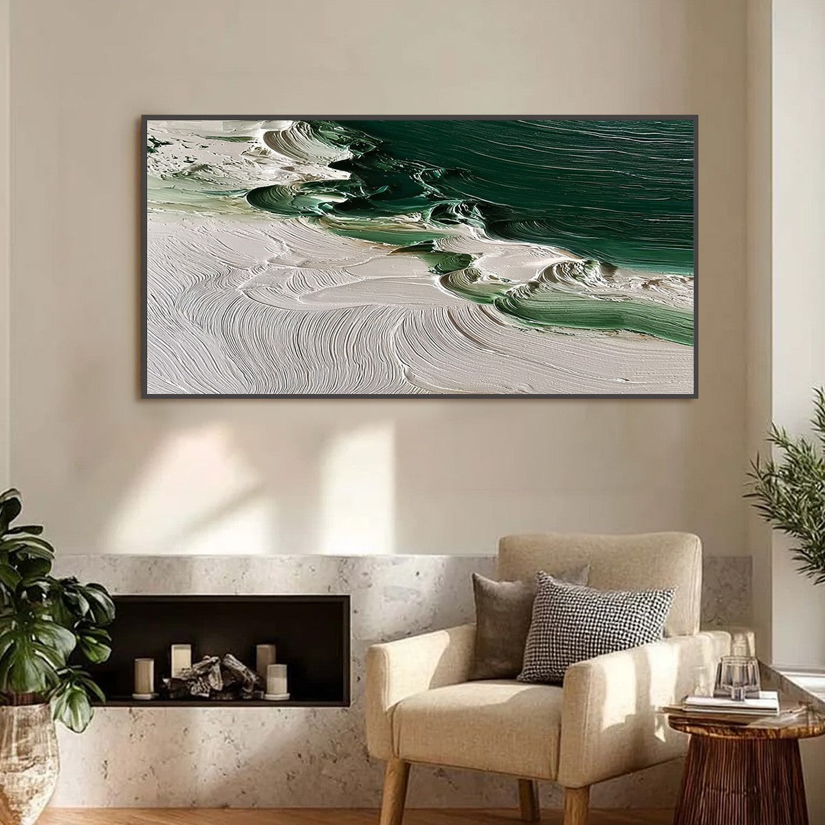 EMERALD TIDE: Textured Green and White Wabi Sabi Abstract Painting